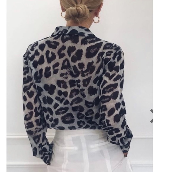 Grey Leopard Print Long Sleeve Button Down Blouse - Picture 3 of 3